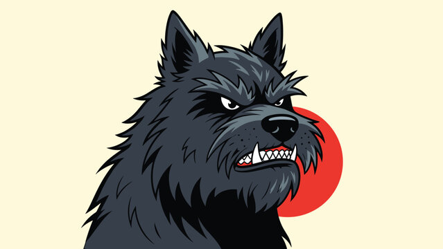 Angry black dog cartoon character growling with bared teeth against a cream background with red sun circle.