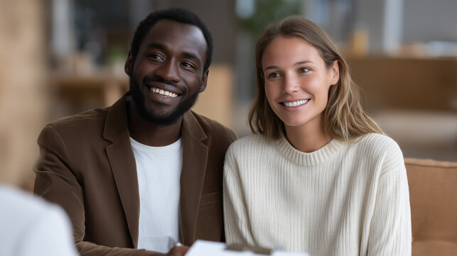 Real estate attorney reviews escrow documents with foreign-born buyer couple through interpreter, earnest money instructions in two languages, multicultural transaction, immigrant homeownership, spr