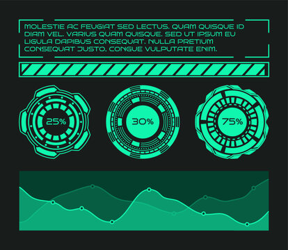 Grid element. Cyberpunk abstract charts. Digital diagram. Infographic display. Neon green infochart. Statistic graph screen frame. Data analysis. Progress bar. Vector cyber interface infographs set