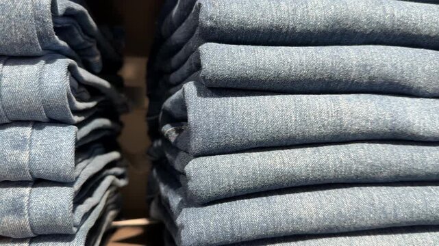 Stack of folded blue jeans with visible size labels, retail fashion concept background