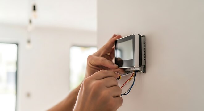 Skilled hands carefully install a programmable temperature control device on a wall connecting wires to a smart home system for efficient energy management and residential comfort