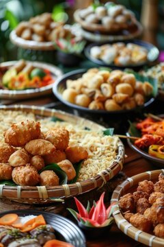 Authentic Madagascar dishes for National Day celebration. Romazava beef stew, vary sosoa rice pudding and mango slices arranged for festive meal