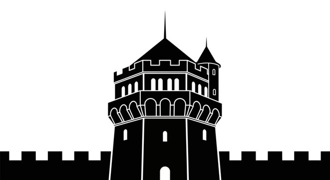 Black silhouette of medieval castle tower.