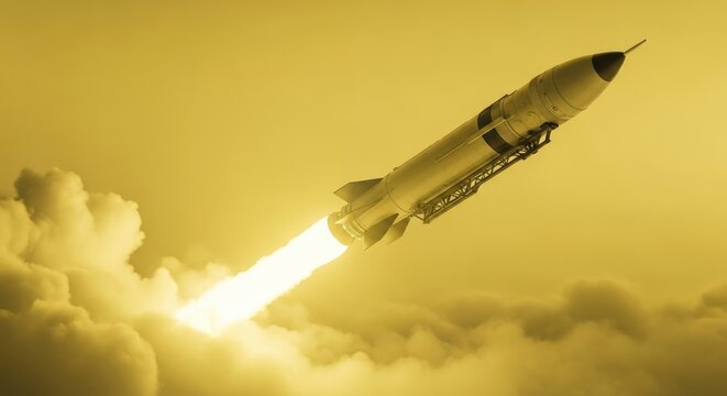 Rocket launch soaring through clouds with bright contrails against a yellow sky