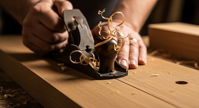 Craftsman expertly using a hand plane tool to shape and smooth a wooden plank surface with curly wood shavings flying off during the woodworking process revealing artisanal skill and natural