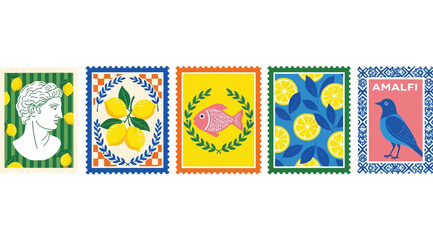 Set of five decorative postage stamps with italian amalfi coast themes © Saharia