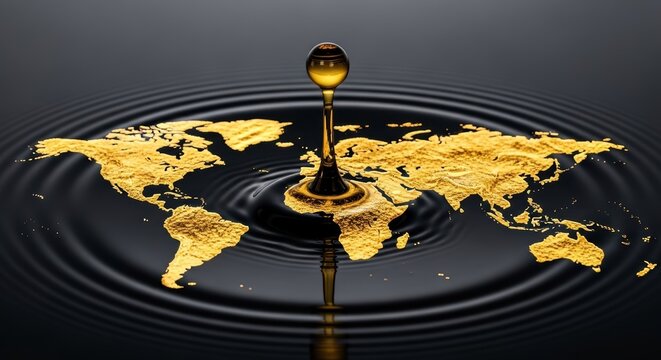 A golden map of the world floats on rippling dark water, with a single drop of golden liquid falling onto Africa.