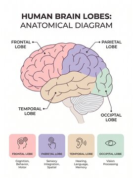 The human brain lobes are shown in a detailed anatomical diagram with labels.