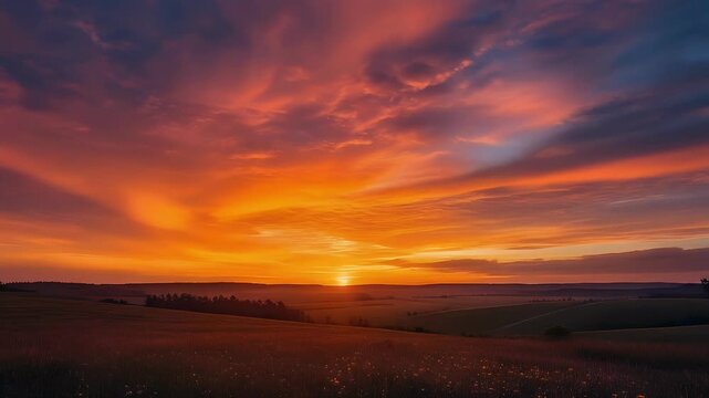A breathtaking landscape showcases a vibrant sunset over rolling hills, painted with fiery hues and dramatic cloud formations.