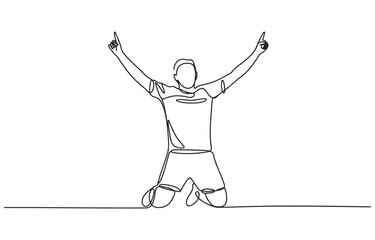 Soccer player celebrating victory on knees with arms raised in triumph single line drawing illustration hands up one finger up continuous line white background dynamic pose winning moment © Stockxy