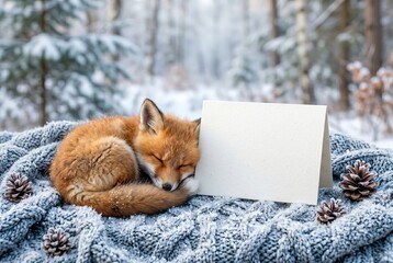 Fototapeta premium Baby fox curled up near blank winter greeting card on frosted blanket