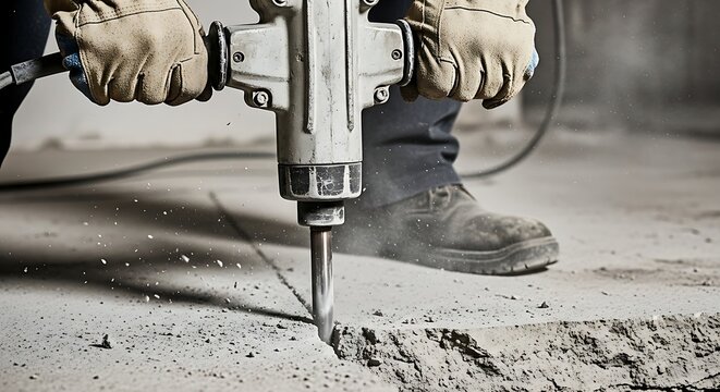 Construction worker operating a heavy duty demolition hammer to break up concrete ground surface during renovation or building project with protective gloves and footwear on dusty site for