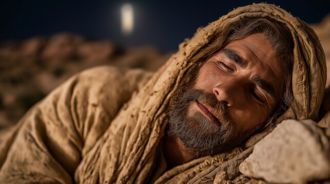 Jacob sleeps beneath a vast starry sky as a beam of light bridges heaven and earth, revealing divine presence in solitude and quiet awe.
