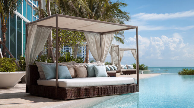 Luxurious cabanas by a swimming pool at a seaside resort during sunny weather