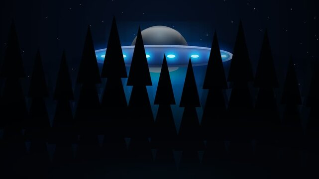 Glowing UFO Flying Over Dark Pine Forest Silhouette at Night Stylized SciFi Illustration for Mystery Themes