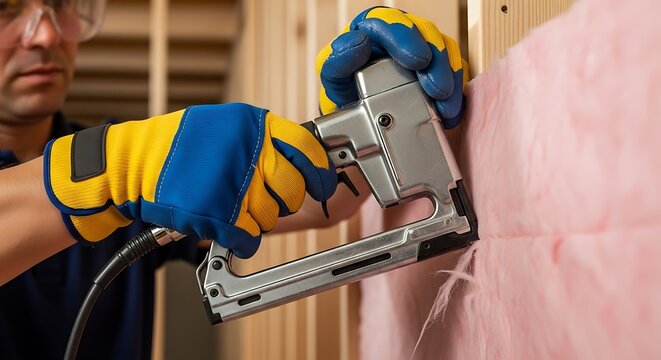 Skilled construction worker wearing protective yellow blue gloves intently uses a mechanical stapler gun to affix soft pink insulation material to wooden wall studs during residential building