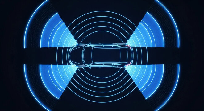 Top view of a digital wireframe car with 360-degree blue radar detection beams and sensor scanning rings, symbolizing smart traffic and AI driving systems.