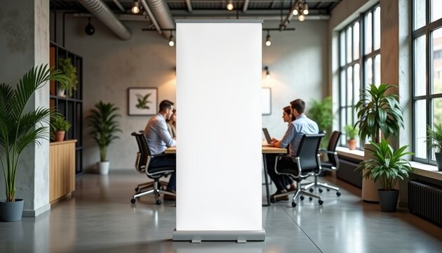 Vertical banner mockup. Blank vertical display stand in contemporary collaborative workspace