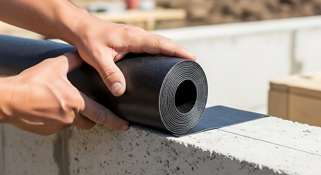 Construction worker hands carefully unrolling black waterproofing membrane onto concrete foundation blocks for new home build exterior wall protection and weatherproofing materials during