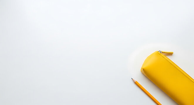 Yellow pencil case and pencil on white background with large copy space