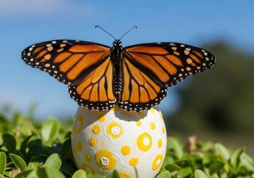 Monarch butterfly perched on a vibrant flower under clear skies