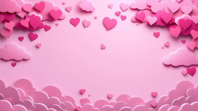 Pink hearts falling from clouds on valentine's day romantic background with Copyspace
