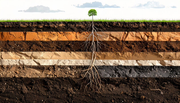 Tree roots growing through layered soil cross section