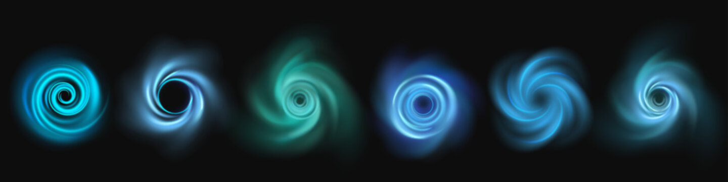 Magic swirl. Round effect. Realistic storm fresh. Circular sparkle. Clean spin. Circle air, stream tornado. Spiral aura current. Movement vortex. Vector energy isolated futuristic visual elements set