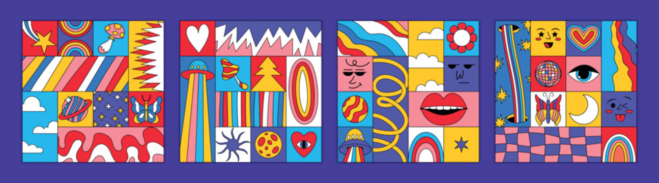 Psychedelic comic frame. Groovy graphic design. Character funky. Card vintage color. Poster funny summer, collage geometric mosaic shapes. Vector pattern garish hippie cartoon flat style isolated set