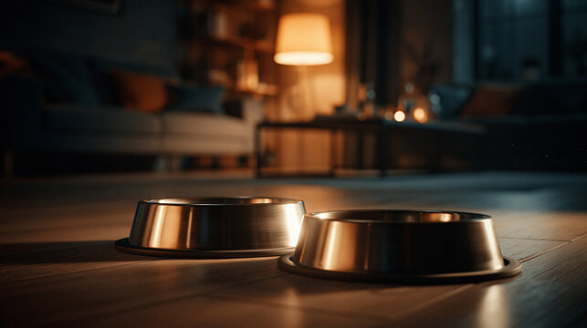 Empty Bowls: Two metal pet bowls sit expectantly on a wooden floor, with a soft warm light casting a cozy glow in the background, creating a sense of anticipation and the promise of a meal.