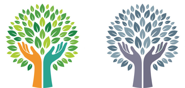 Abstract tree logo with human hands forming leaves symbolizing growth unity and environmental sustainability concept