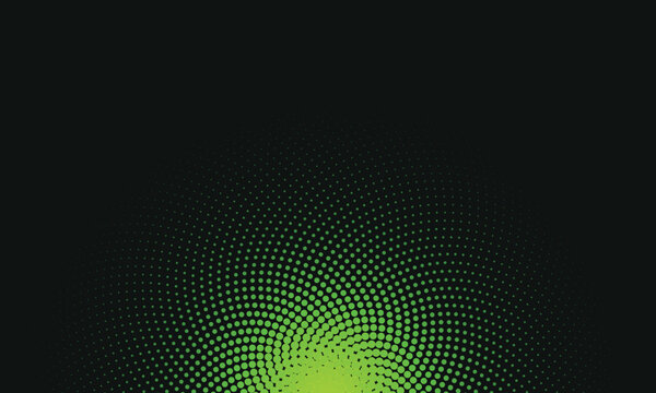 Radial halftone burst of bright green dots on black background, abstract pattern circles