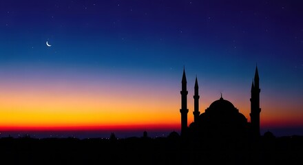 Fototapeta premium Happy muharram silhouette of a mosque at sunset islamic new year greetings