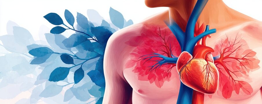 Detailed anatomical illustration of the human heart and upper torso showing lungs and circulation