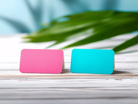 Blank pink and blue cards on a white wooden table with palm leaf