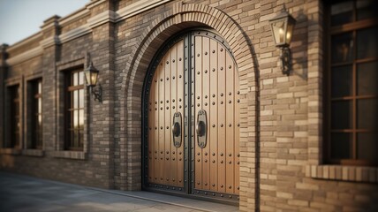Fototapeta premium large wooden door with metal details on brick building exterior
