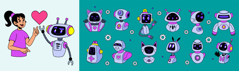 Fototapeta na wymiar Chatbot avatar. Cute robot in chat. AI assistant, funny face android. Bot character, communication dialog with machine, technology interaction. Future smile. Vector tidy icon cartoon flat style set