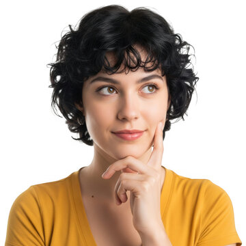 Woman with curly hair and thoughtful expression isolated on transparent background