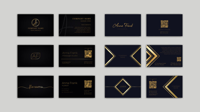 Business card design. Minimalist layout for logo. QR code and graphic template. Gold name on elegant corporate. Premium company stationery. ID text. Golden barcode. Vector modern print banners set