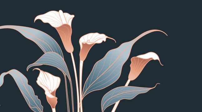 Luxury art background with minimalistic calla lily flowers. Botanical banner for decoration, print, wallpaper, invitations, posters etc. Vector illiustration.
