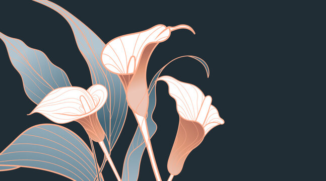 Luxury art background with minimalistic calla lily flowers. Botanical banner for decoration, print, wallpaper, invitations, posters etc. Vector illiustration.