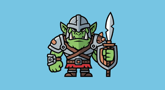 Cartoon orc warrior with spear and shield on blue background