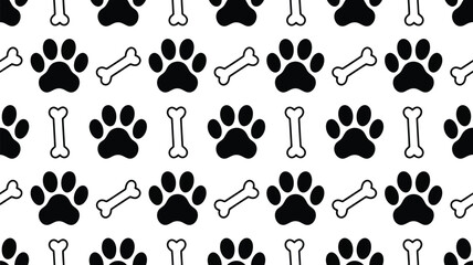 Fototapeta premium Seamless pattern of black dog paw prints and white bone silhouettes for pet shop branding animal care and textile design.