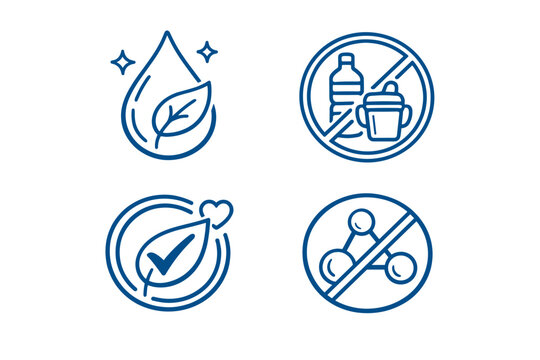 BPA Free Guarantee Badge Logo Vector Set. No Bisphenol and Phthalates Blue Outline Icons for Health and Safety. Eco-friendly, Non-toxic, and Natural Product Labels for Packaging and Marketing.