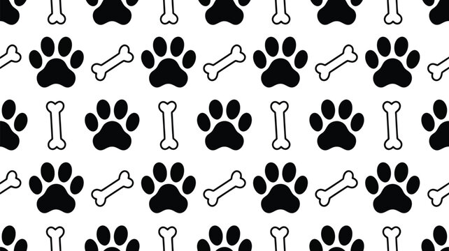 Seamless pattern of black dog paw prints and white bone silhouettes for pet shop branding animal care and textile design.