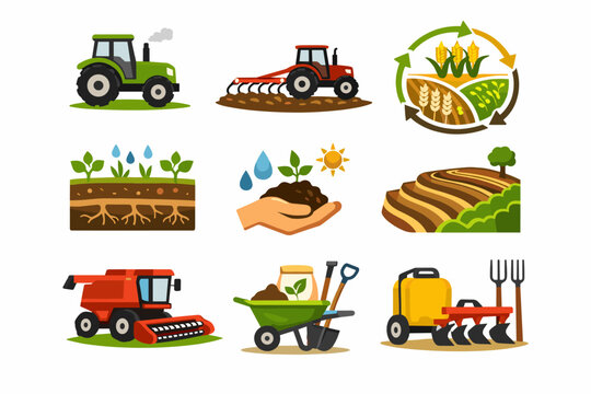 Comprehensive set of agricultural icons with tractors, combine harvester, crop rotation, soil health, terraced fields, wheelbarrow, and plowing tools for modern farming and agronomy concepts.