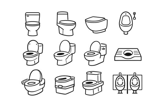 Vector line art icon set of various toilet designs including standard flush toilets, urinals, squat toilets, wall-hung models, and portable toilets for bathroom, hygiene, and sanitation graphics.