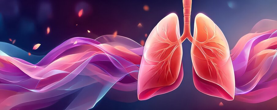 Stylized human lungs illustration with flowing colorful airwaves representing breath and respiratory health