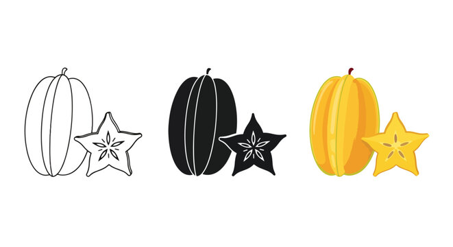 Starfruit collection with line art and silhouette - Modern style icon. Vector icon set. Glyph and solid icon set. Icon vector. Flat Design Icon. line icon set