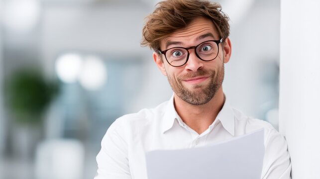White male internal auditor with confused but amused look holding report in minimal financial settin